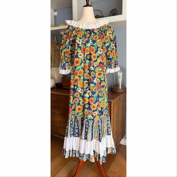 Lauren Michele Dresses & Skirts - Hawaiian Vtg Lauren Michele Off Shoulder MuuMuu Dress Sunflowers Eyelet Ruffle P